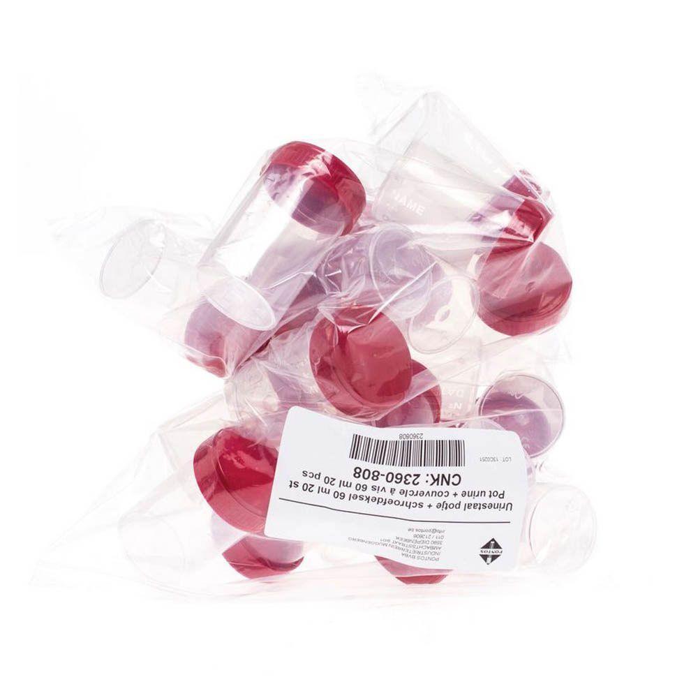 Sachet de pots à urine avec couvercles rouges. Étiquette avec informations produit.