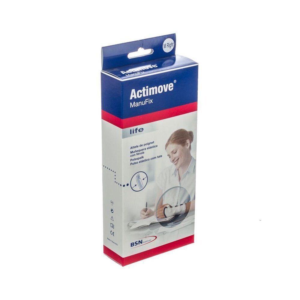 Verpakking van Actimove Manufix. Blauw-wit-rode doos met productnaam en afbeelding van een persoon. BSN-logo.