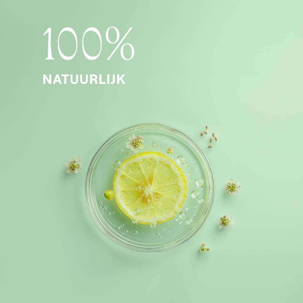 Achterkant van de groene tube. Tekst in meerdere talen. Ingrediëntenlijst. Logo's en certificeringen.