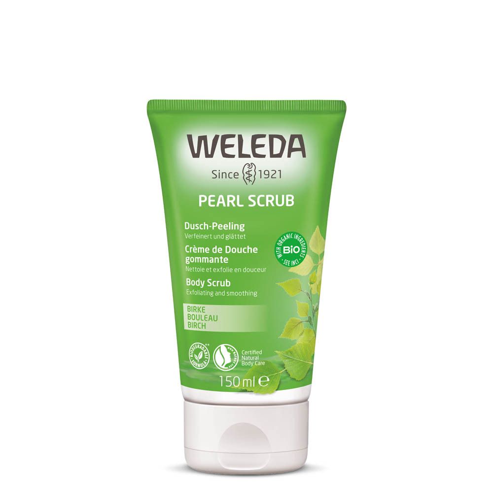 Groene tube met witte dop. Opschrift: WELEDA, PEARL SCRUB, Crème de Douche gommante, Body Scrub. Bio-label. 150ml.