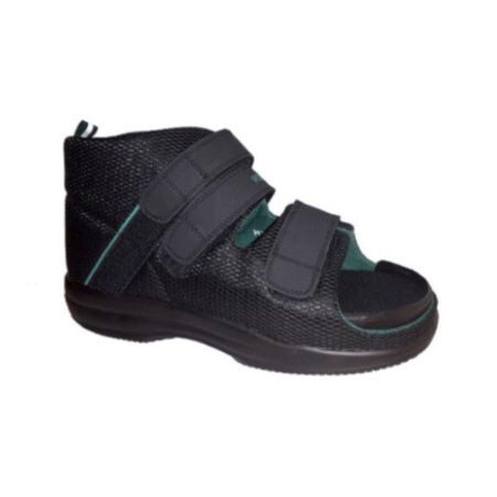 Chaussure noire avec fermetures velcro et accents verts. Bout ouvert. Marque Podartis.