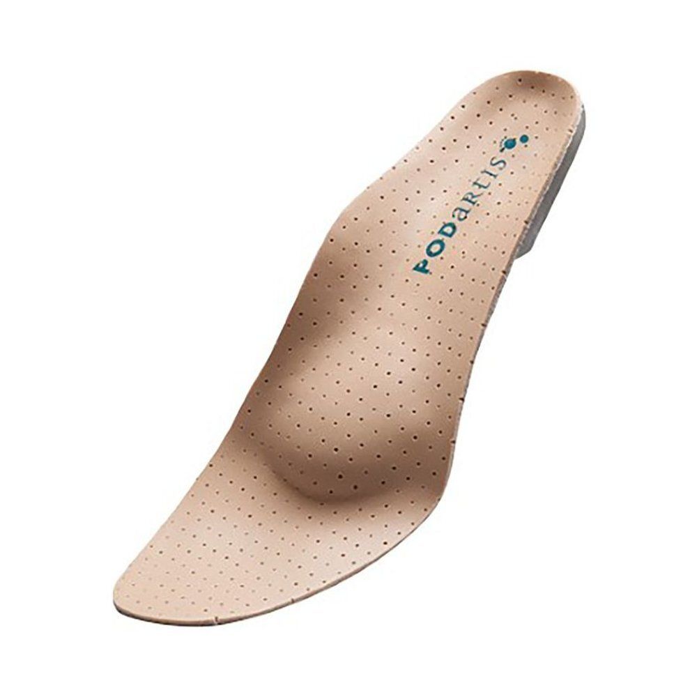 Beige inlegzool met Podartis logo. Geperforeerd oppervlak. Witte achtergrond.