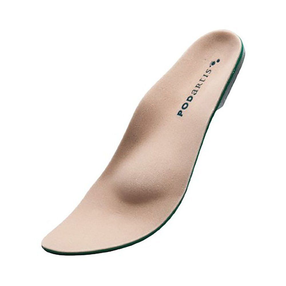 Semelle intérieure beige avec logo Podartis. Dessous vert, légèrement en biais.