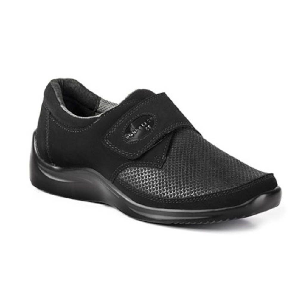 Chaussure noire avec fermeture velcro. Empiècement en mesh sur l'avant-pied. Marque Podartis sur la bride.