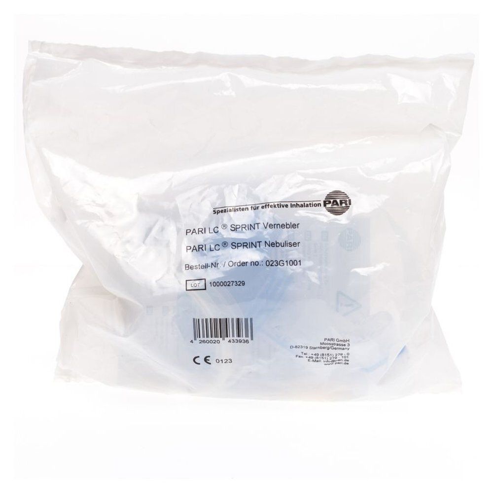 Emballage PARI LC SPRINT Nebulizer. Sac transparent avec informations produit et code-barres.
