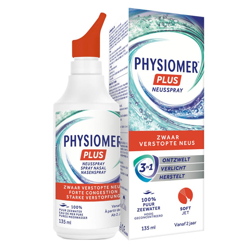 Doosje Physiomer Sinus Neusspray met golvend patroon en gebruiksinstructies.