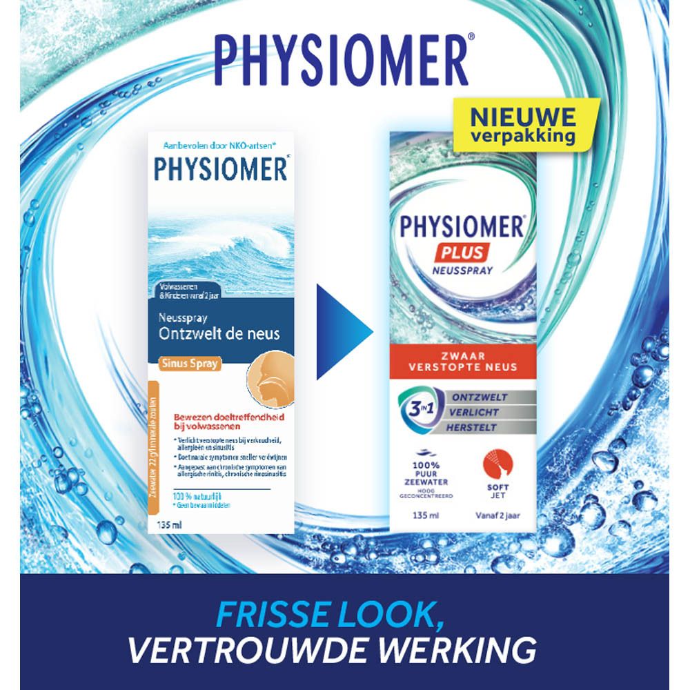 Doosje Physiomer Sinus Neusspray, aanbevolen door KNO-artsen, met golvend patroon.