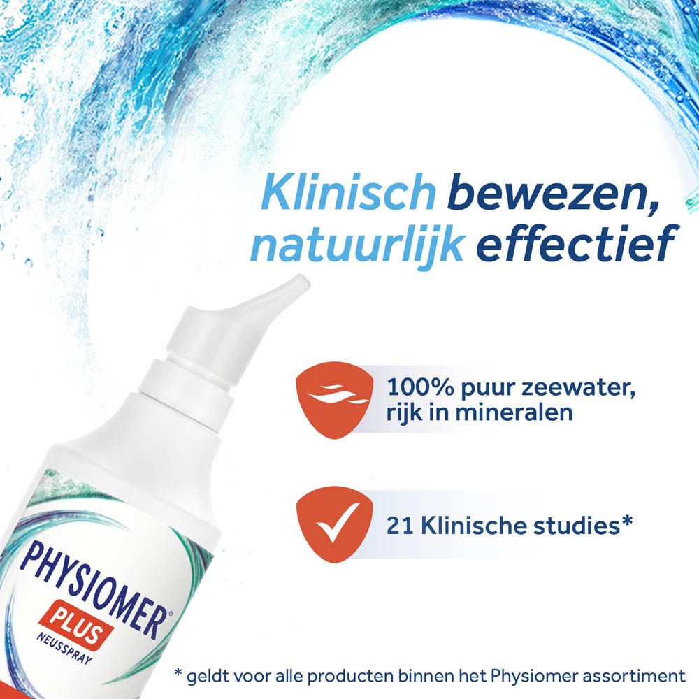 Doosje Physiomer Sinus Neusspray, aanbevolen door KNO-artsen, met golvend patroon.