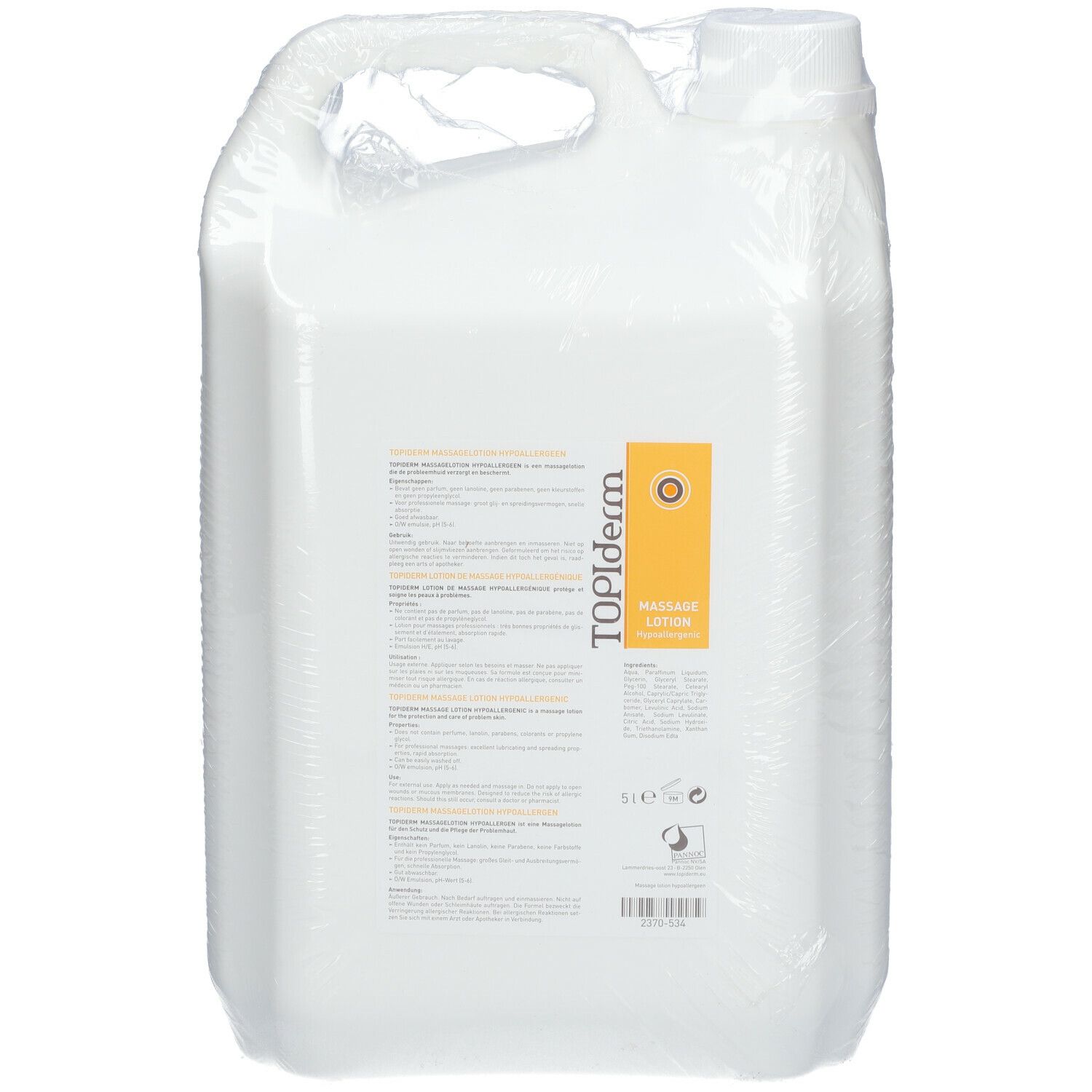 Bidon blanc avec poignée et étiquette. L'étiquette indique TOPIderm Massage Lotion.