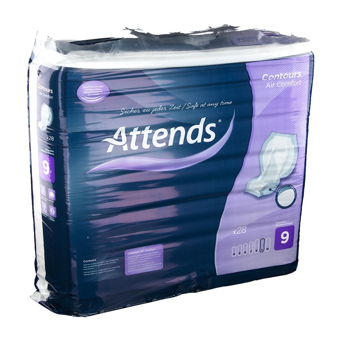 Verpakking Attends Contours 9. Blauwe verpakking met productafbeelding en tekst. Bevat 28 stuks.