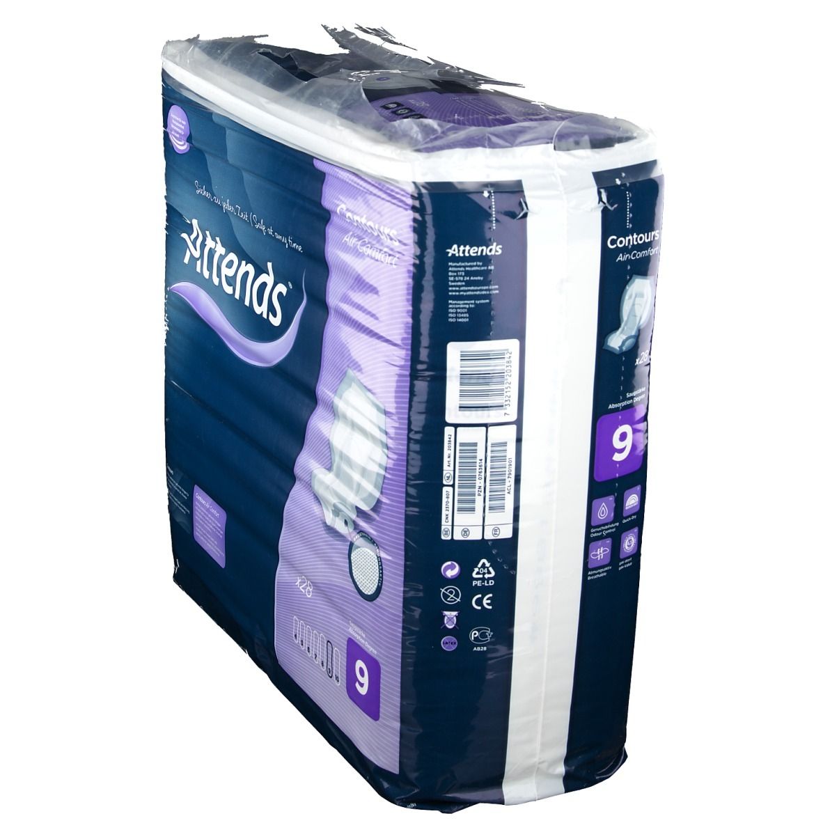 Attends Contours 9 verpakking, blauwe verpakking. Productafbeelding en tekst. Bevat 28 stuks.