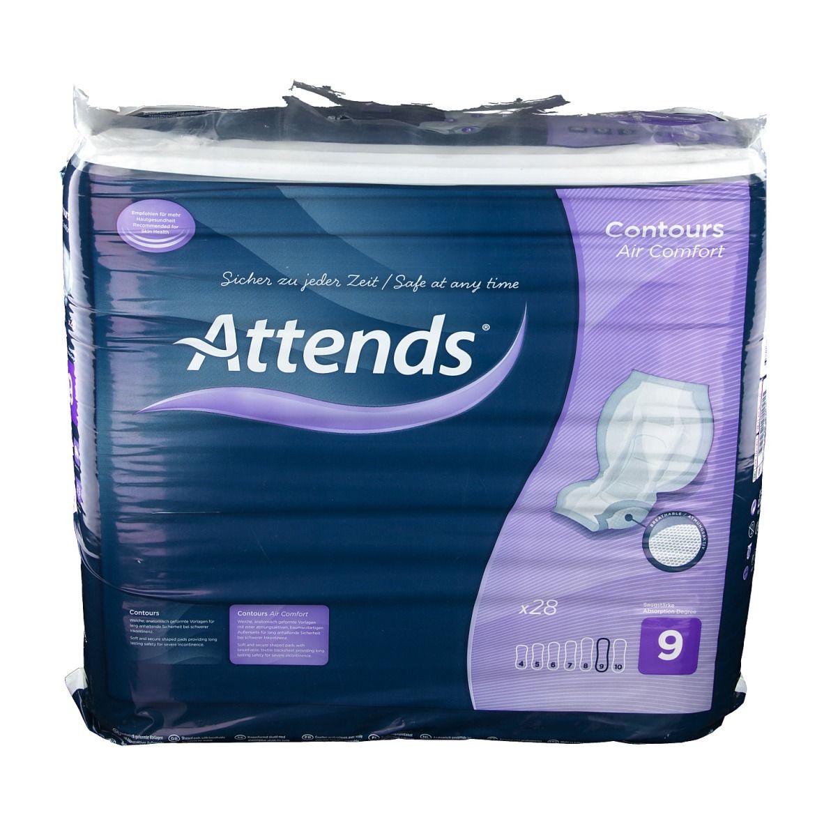 Attends Contours 9 verpakking, blauwe verpakking. Productafbeelding en tekst. Bevat 28 stuks.