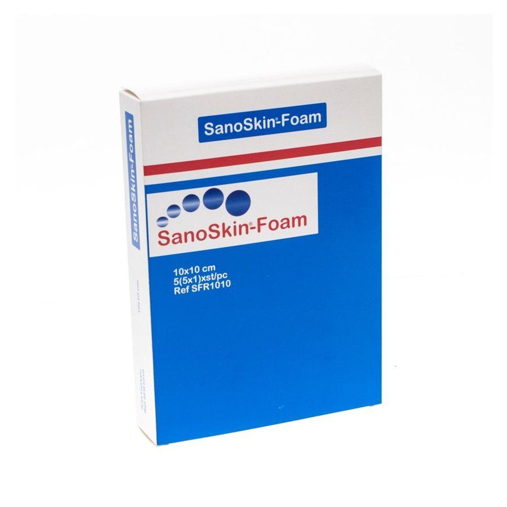 Sanoskin-Foam verpakking, schuin. Blauw en witte doos met productnaam en maat: 10x10 cm.