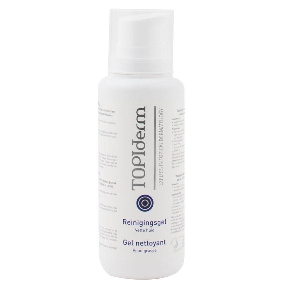 Flacon blanc avec pompe. Inscription TOPIderm, gel nettoyant pour peaux grasses. Experts en dermatologie topique.