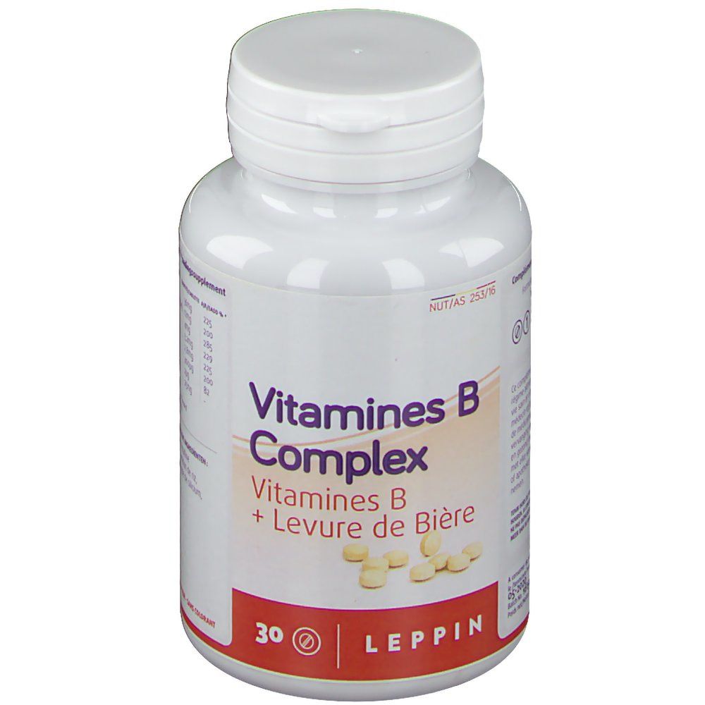 Flacon blanc de vitamines B Complex. Inscription: Leppin, 30 comprimés.