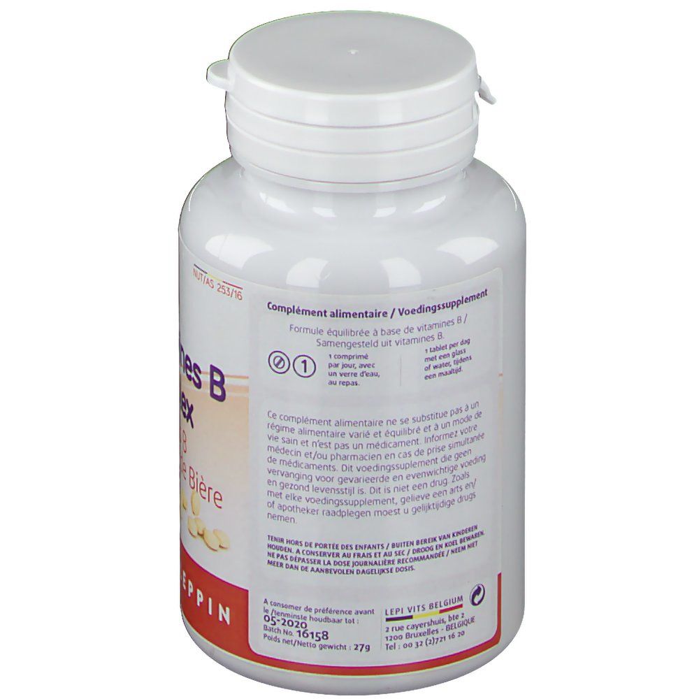 Dos du flacon blanc avec texte. Contient des informations sur les ingrédients et la dose journalière recommandée.