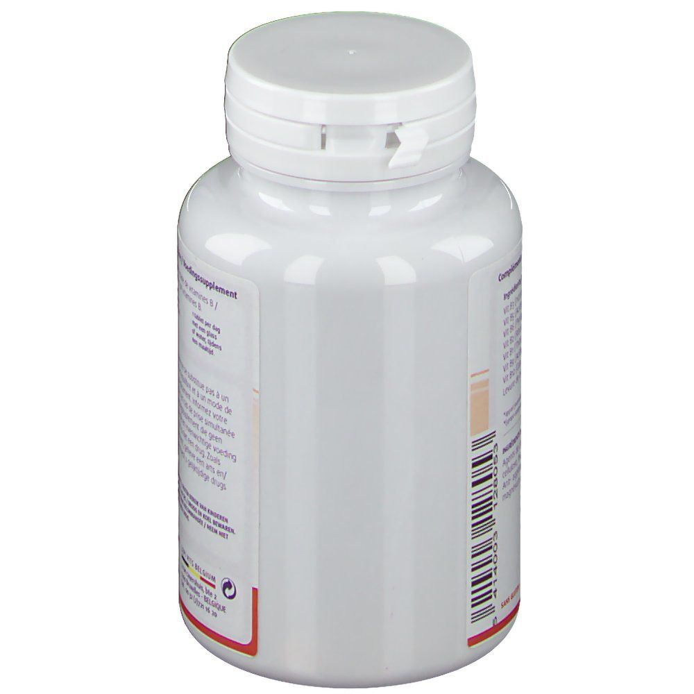 Flacon blanc, vue latérale. Étiquette avec texte et code-barres.