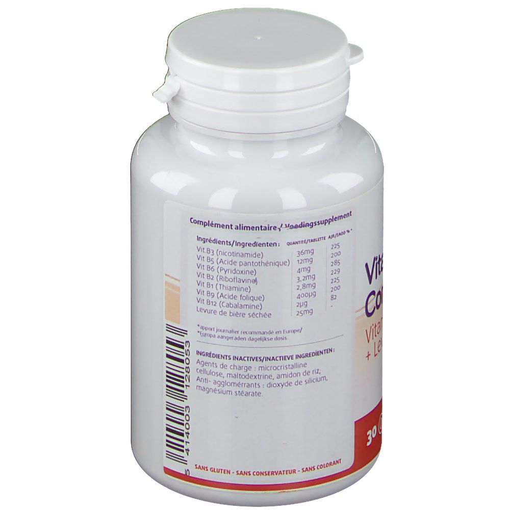 Dos du flacon avec informations sur les ingrédients. Contient des informations sur les vitamines et les excipients.