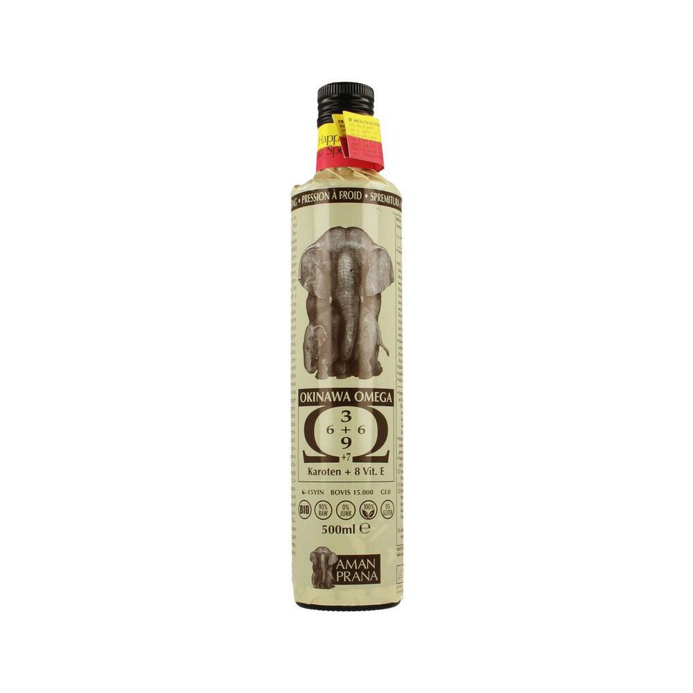 Bruine glazen fles met etiket. Opschrift: Okinawa Omega 3 6 9. Merk: Amanprana. Bio-keurmerk. Afbeelding: olifant.