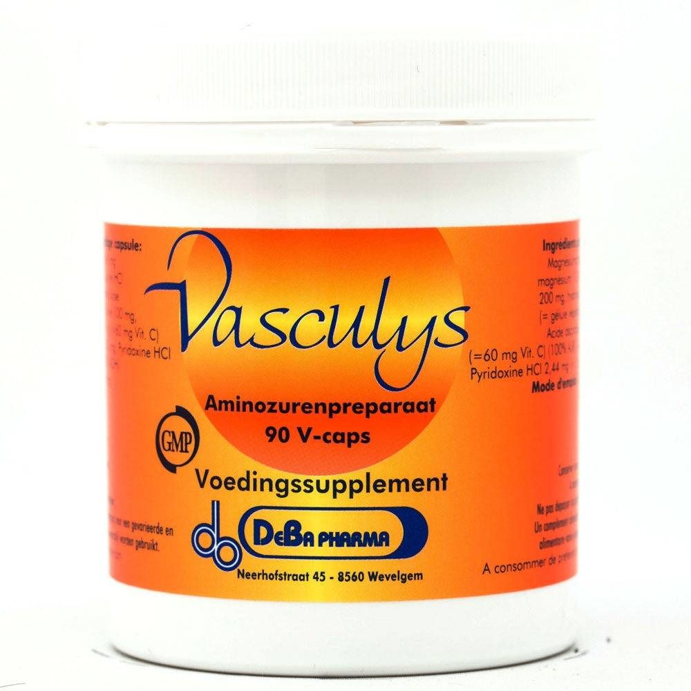 Pot blanc avec étiquette orange. Inscription : Vasculys, Aminozurenpreparaat, 90 V-caps, Voedingssupplement. Logo DeBa Pharma. Certification GMP.