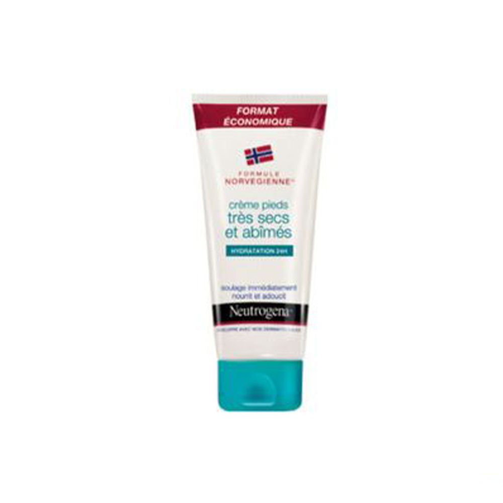 Witte tube met rood en blauw design. Crème pieds très secs et abîmés. Economisch formaat. Noorse formule.