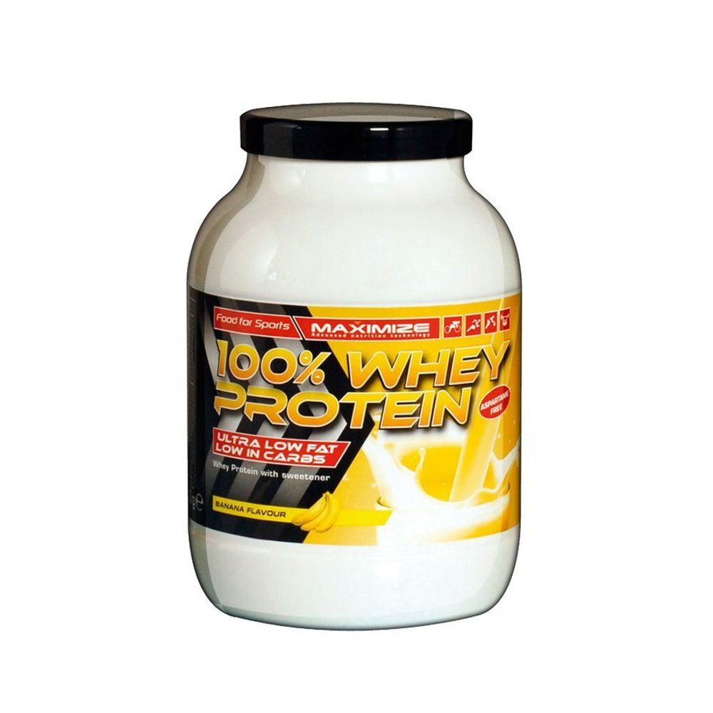 Pot de protéine en poudre blanc avec couvercle noir. Inscription : 100% Whey Protein, Ultra Low Fat, Banana Flavour.