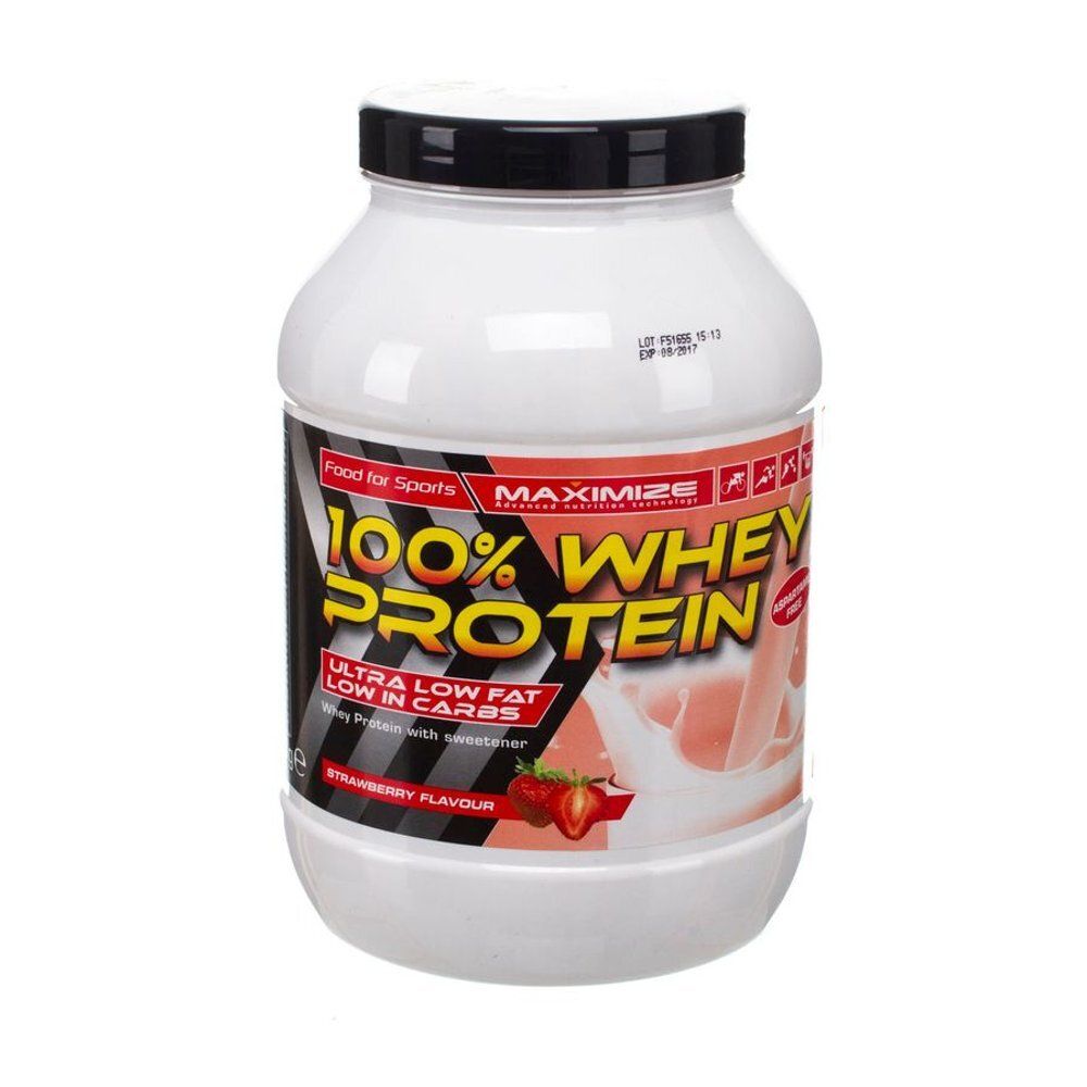 Witte pot met zwarte deksel. Opschrift: 100% Whey Protein, aardbei smaak. Merk: MAXIMIZE.