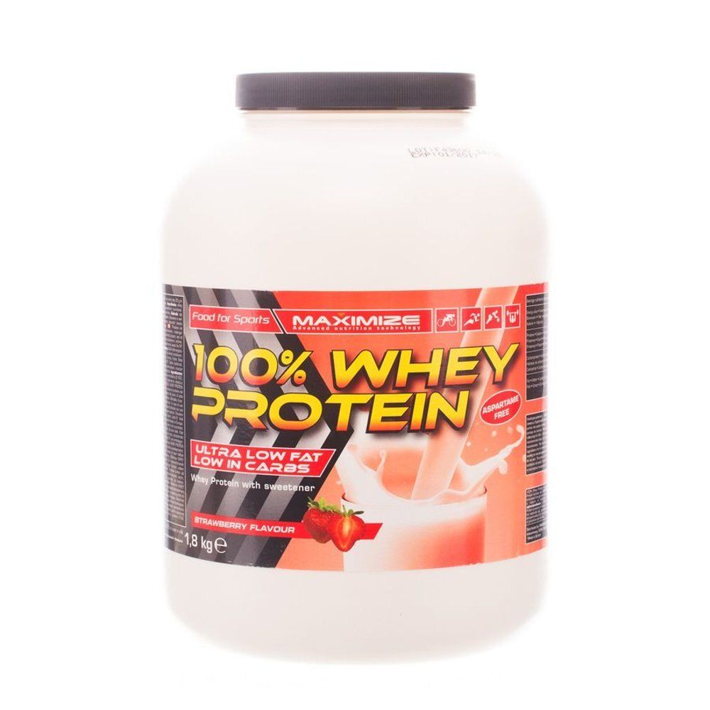 Witte container met zwarte deksel. Label met "100% WHEY PROTEIN", aardbeiensmaak en "MAXIMIZE" logo.