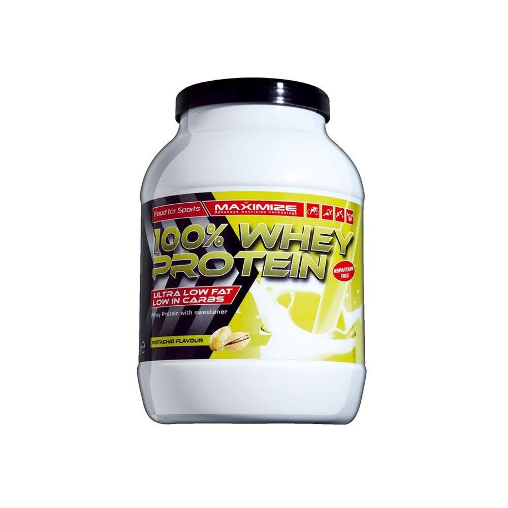 Witte wei-eiwitpot met zwarte deksel. Opschrift: 100% Whey Protein, Ultra Low Fat, Low in Carbs. Pistachesmaak.
