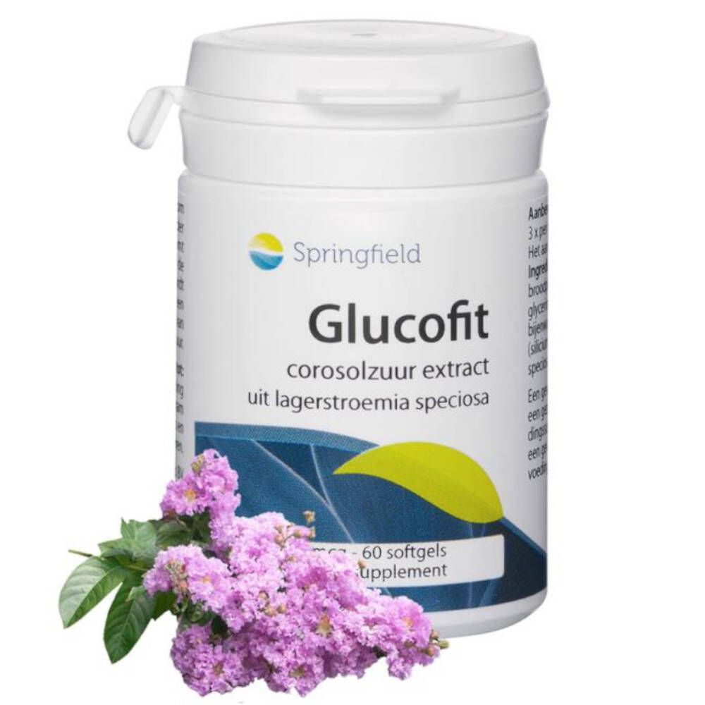 Boîte blanche avec étiquette Springfield Glucofit, fleurs violettes. Contient 60 gélules. Inscription: corosolzuur extract uit lagerstroemia speciosa.