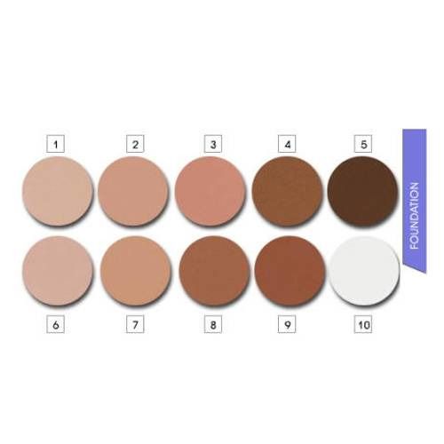 Tien ronde tinten foundation. Genummerd van 1 tot 10. Kleurenpalet van licht naar donker.