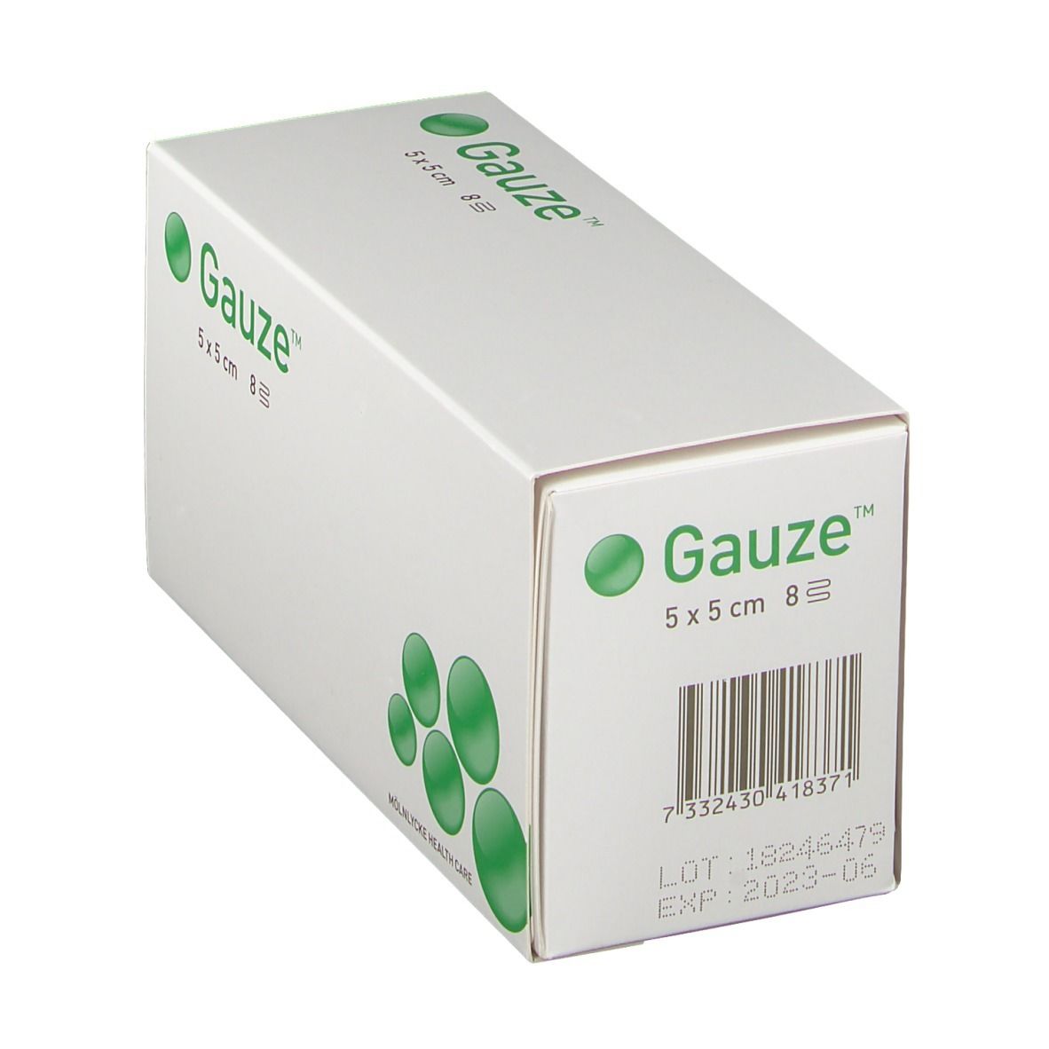 Witte verpakking met groen logo "Gauze" en barcode. Afmeting: 5x5 cm, 8 stuks. Fabrikant: Molnlycke Health Care. Houdbaar tot 2023-06.