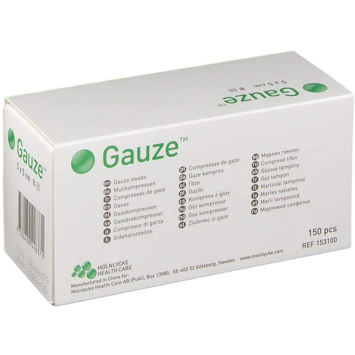 Witte verpakking met groen logo "Gauze" en productnamen in meerdere talen. 150 stuks. Fabrikant: Molnlycke Health Care.