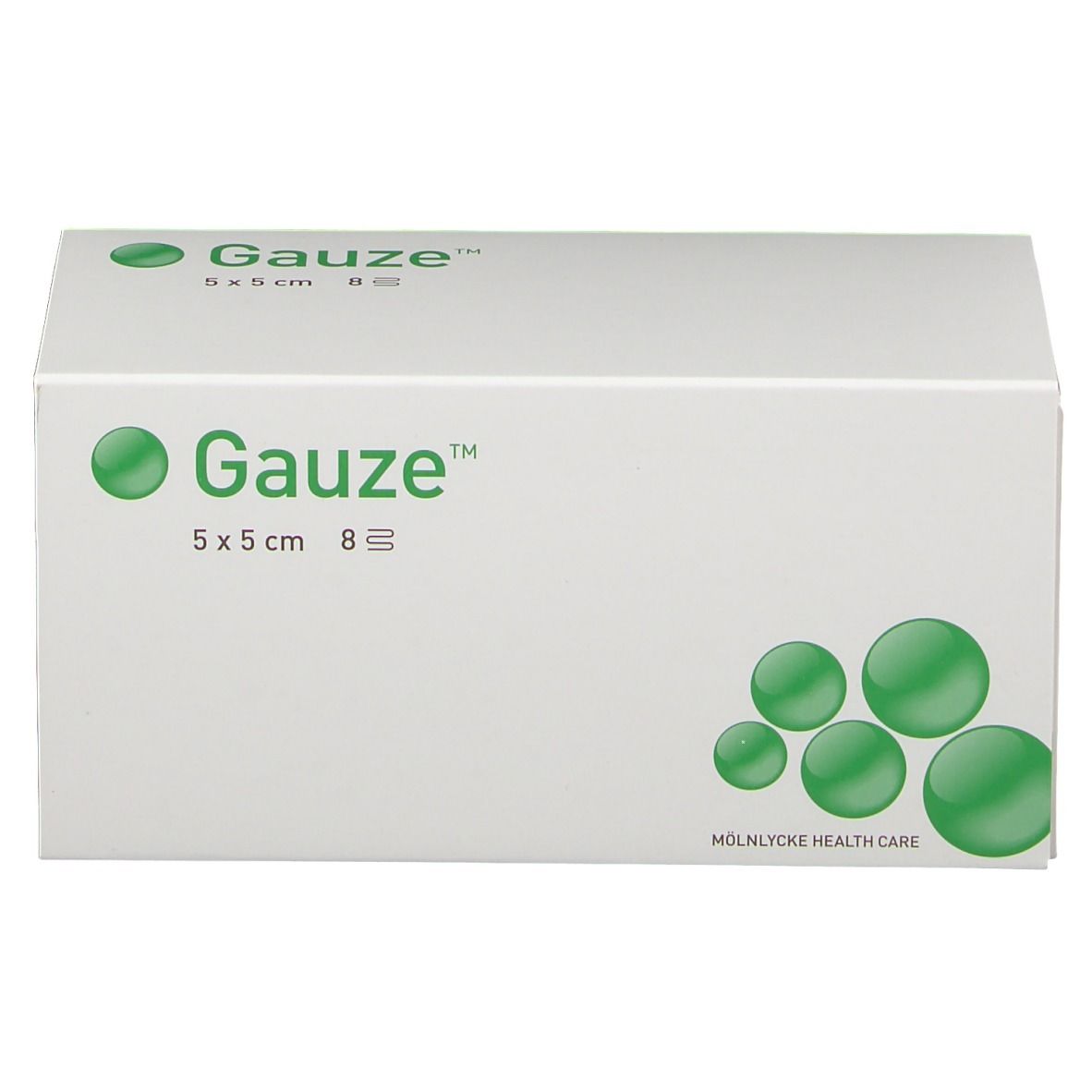 Witte verpakking met groen logo "Gauze" en productinformatie. Afmeting: 5x5 cm, 8 stuks. Fabrikant: Molnlycke Health Care.
