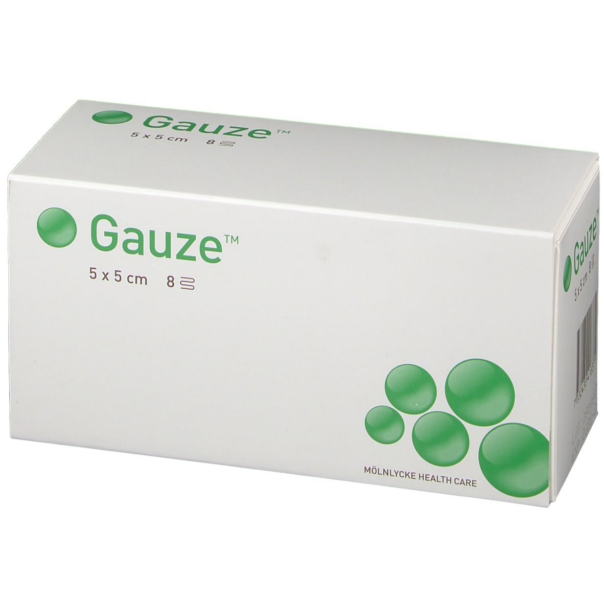 Witte verpakking met groen logo "Gauze" en productinformatie. Afmeting: 5x5 cm, 8 stuks. Fabrikant: Molnlycke Health Care.