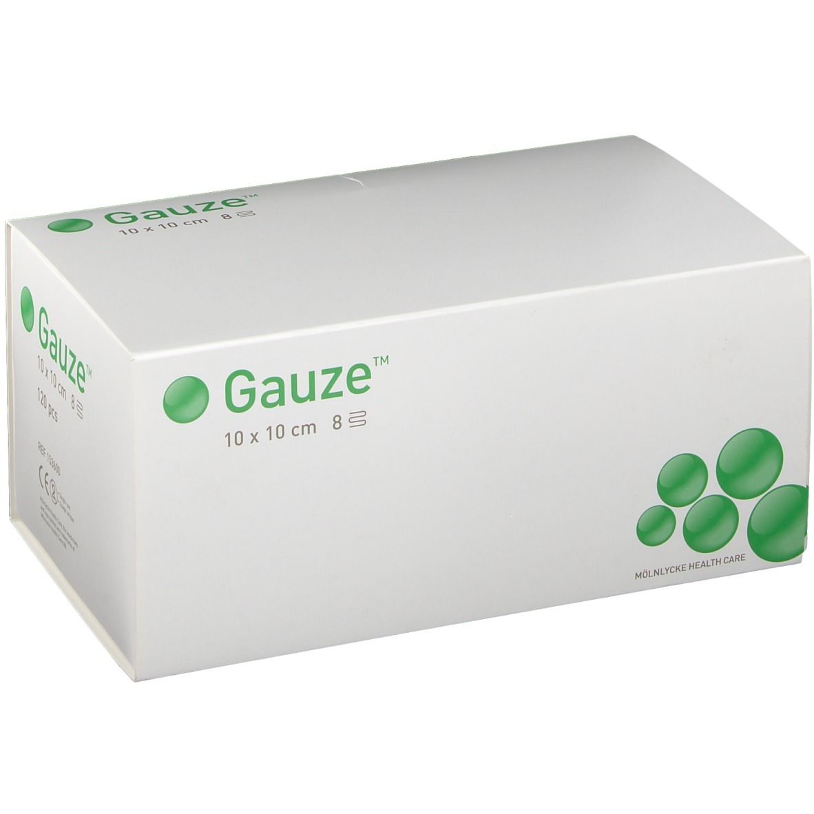 Witte doos met groen logo en tekst Gauze 10 x 10 cm 8-laags. Schuine hoek.
