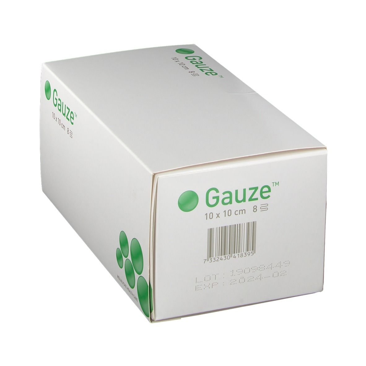 Witte doos met groen logo en tekst Gauze 10 x 10 cm 8-laags. Streepjescode en vervaldatum.