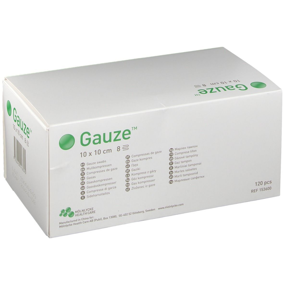 Witte doos met groen logo en tekst Gauze 10 x 10 cm 8-laags. 120 stuks. Meertalige tekst.