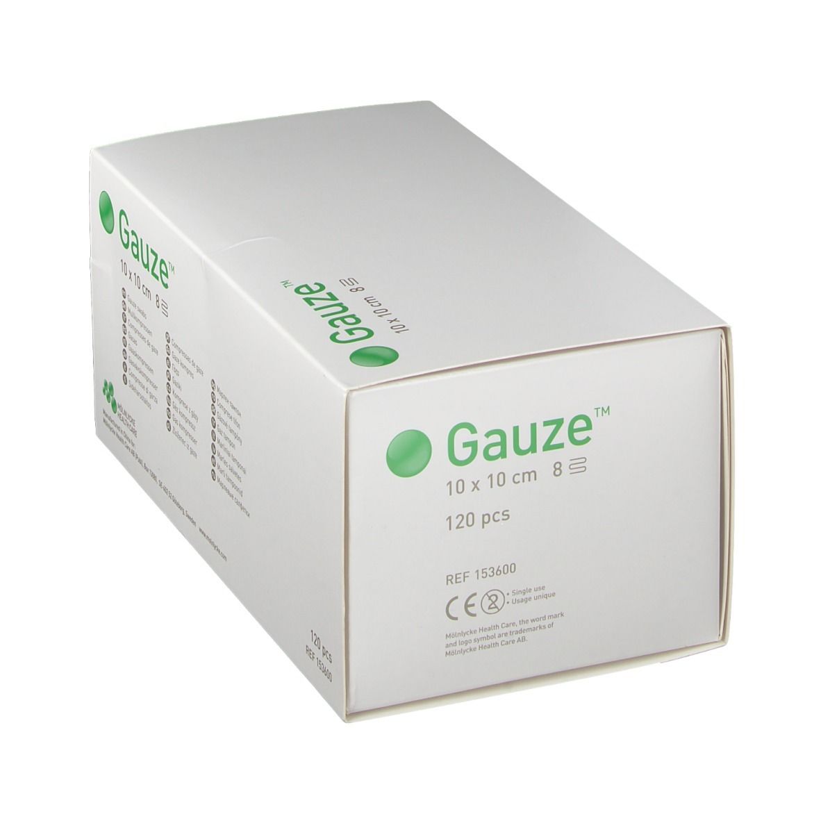 Witte doos met groen logo en tekst Gauze 10 x 10 cm 8-laags. 120 stuks. CE-markering.