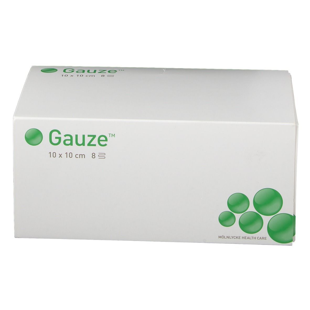 Witte doos met groen logo en tekst Gauze 10 x 10 cm 8-laags. Vooraanzicht.