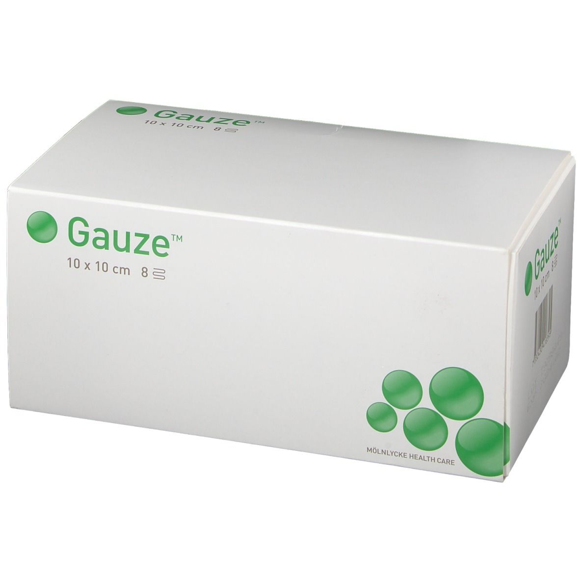 Witte doos met groen logo en tekst Gauze 10 x 10 cm 8-laags. Schuine hoek.