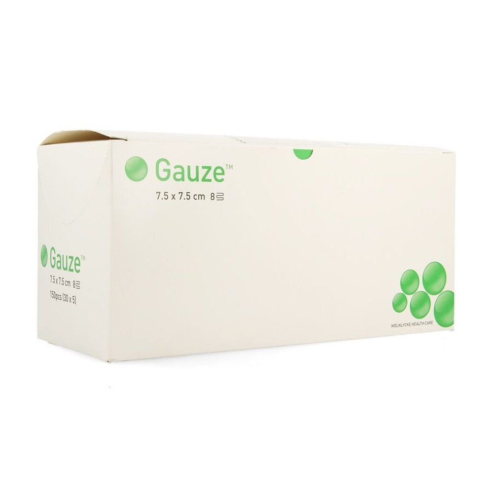 Witte doos met groen logo "Gauze". Opdruk: 7,5 x 7,5 cm 8. Op de zijkant: 150 stuks.