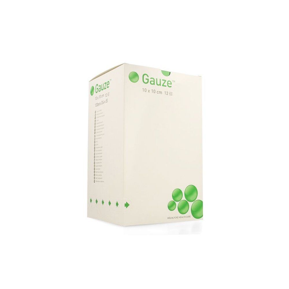 Witte doos met groene tekst. Merk: Gauze. Afmetingen: 10x10cm. 12 stuks. Tekst op de zijkant.