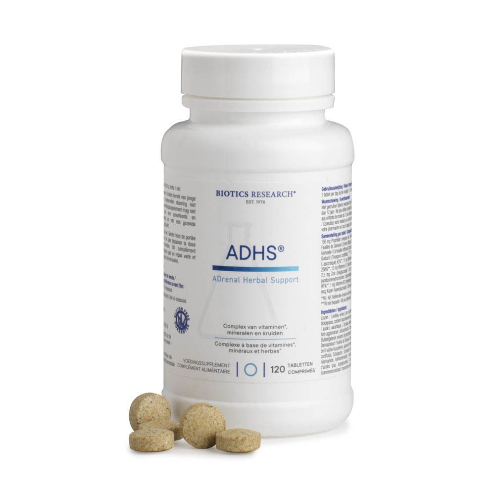 Witte fles met ADHS®-label. Bevat 120 tabletten. Biotics Research logo. Enkele tabletten ernaast.