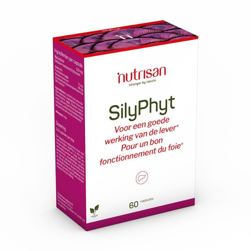 Boîte blanche Nutrisan SilyPhyt. Texte: Pour une bonne fonction hépatique. 60 capsules. Logo vegan. Couvercle rouge.