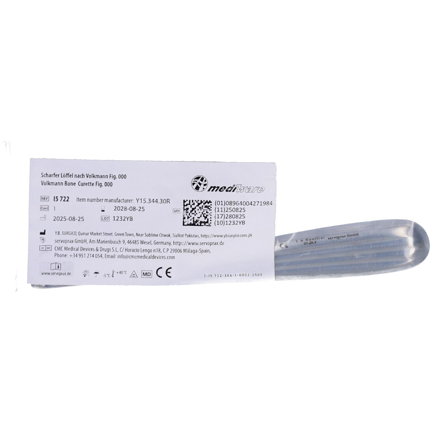 Kuret métallique dans son emballage. Texte et logos sur l'emballage, dont 'medi-plus' et marquage CE.