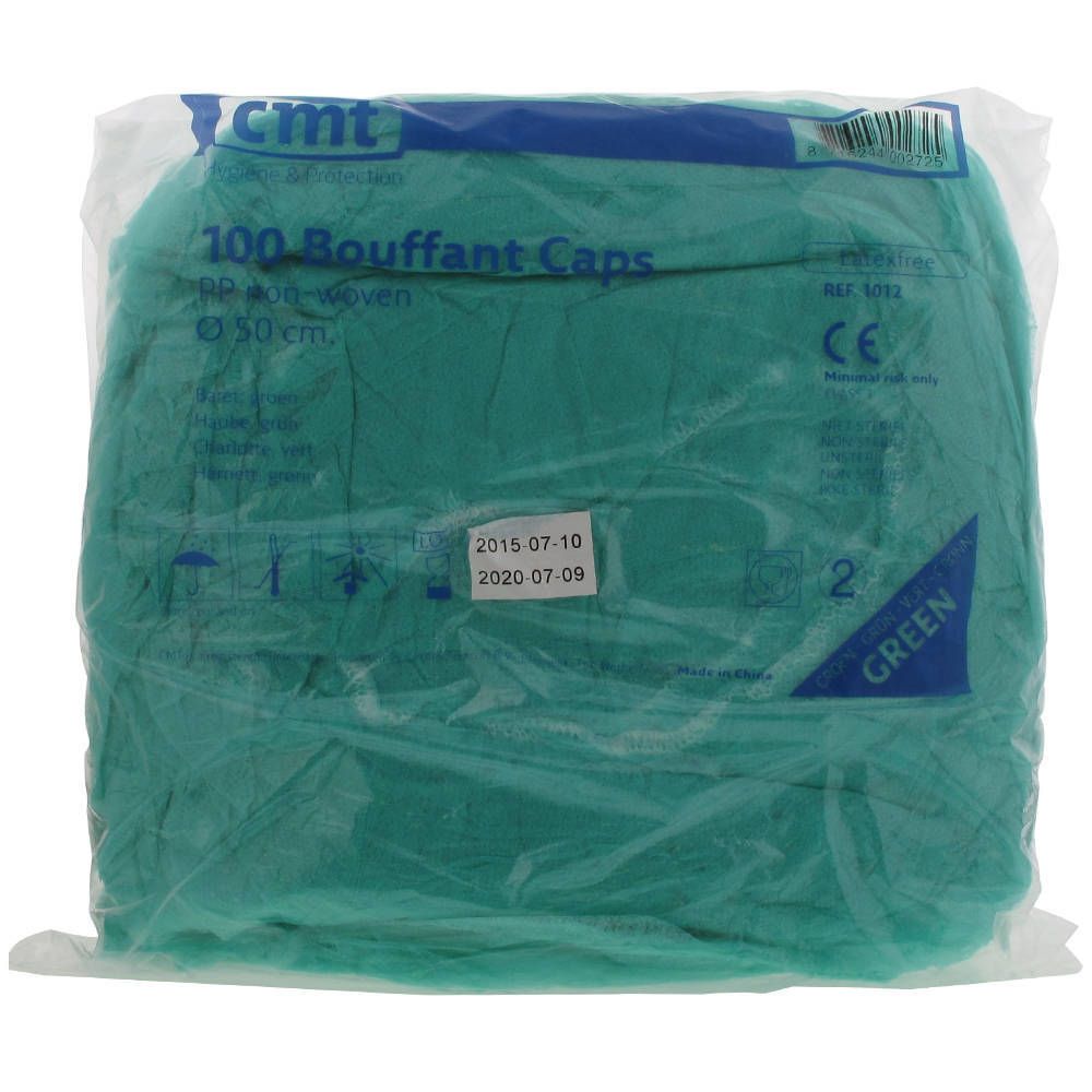 Verpakking met 100 groene bouffant caps. Merk CMT. Diameter 50 cm. CE-markering. Houdbaarheidsdatum 2020-07-09.
