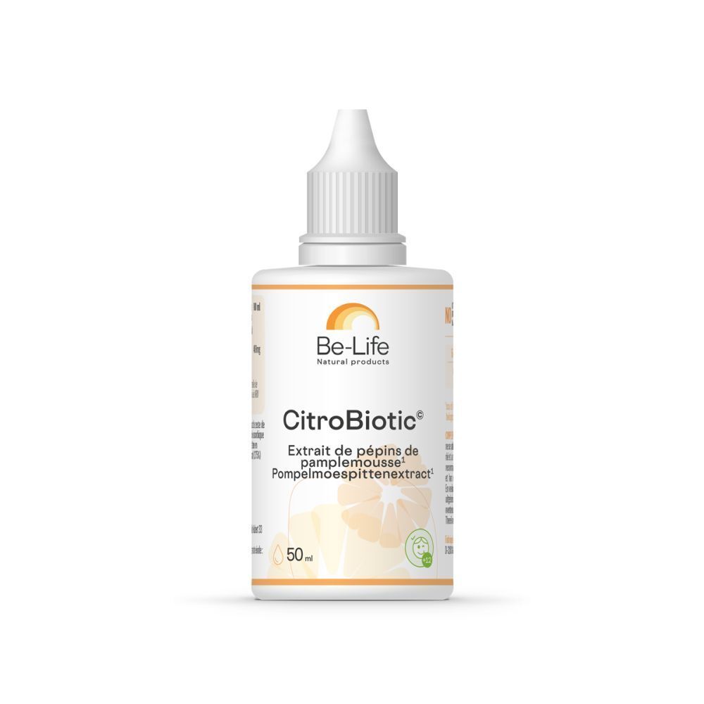 Witte fles met druppelaar. Opschrift: Be-Life CitroBiotic, Extrait de pépins de pamplemousse, 50 ml.