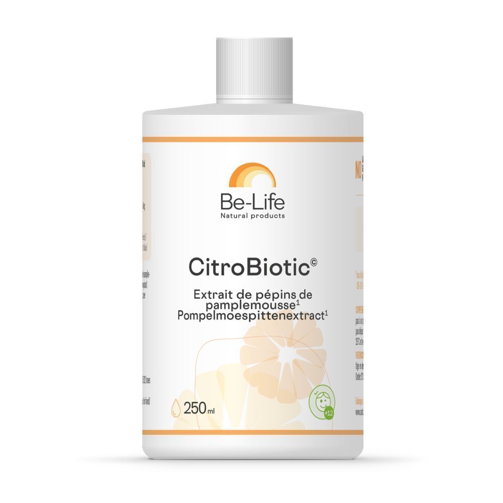 Witte fles met CitroBiotic-label. Be-Life-logo. Bevat grapefruitzaadextract. 250 ml.