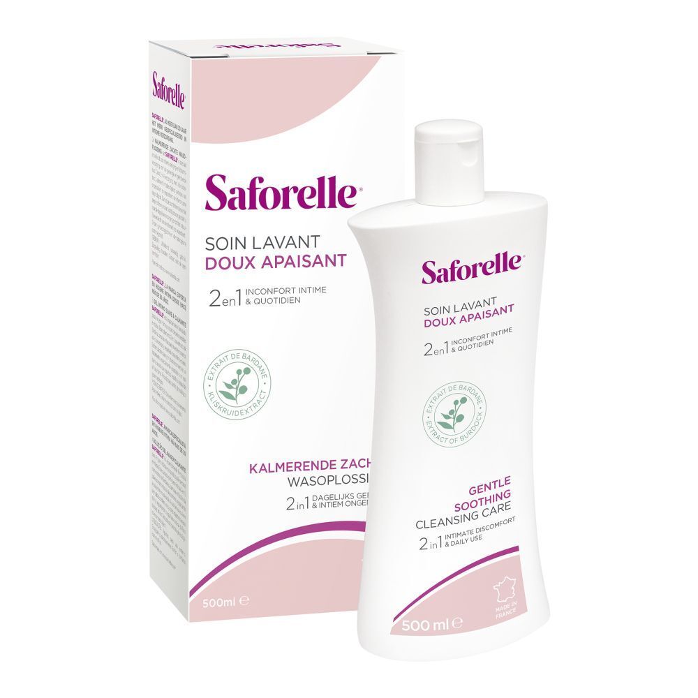 Produit et emballage. Saforelle, Soin Lavant Doux. Pour hygiène intime et corporelle. Flacon et carton.